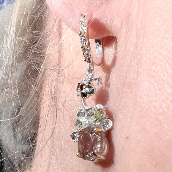 Stunning Rutilated Quartz Peridot Ruby& Sapphire Floral chandelier earrings - Picture 6 of 13